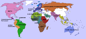 Mapa mundi na que se recollen diferentes organizacións rexionais