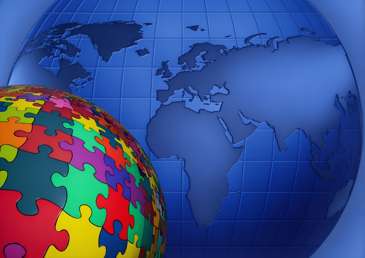 Debuxo no que aparece un mapa do mundo e un crebacabezas de forma esférica