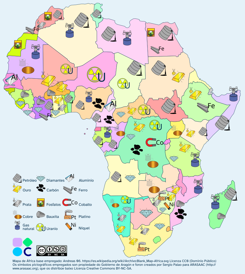 Mapa político de África cos recursos naturais que hai nos diferentes países