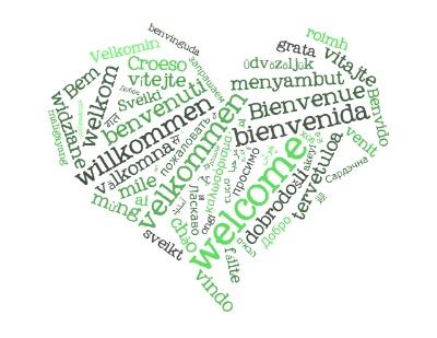 Nube de palabras en forma de corazón coa palabra benvido/benvida en varios idiomas