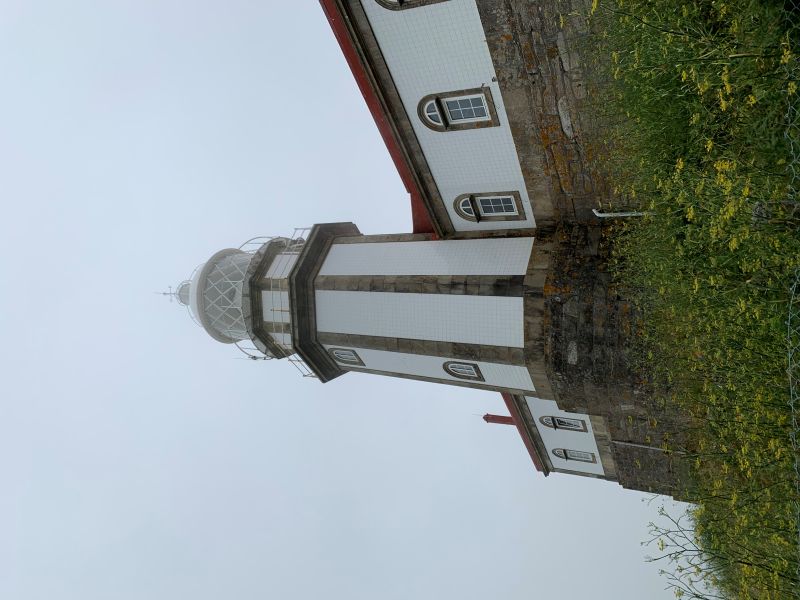 Faro de las islas Ons un día de niebla.