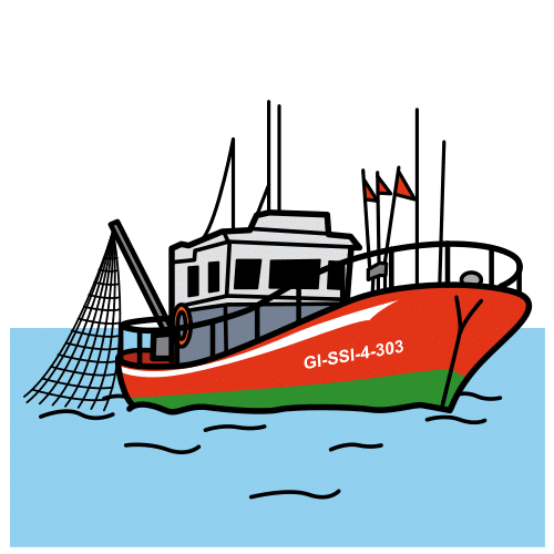 Pictograma de un barco pesquero en el mar.