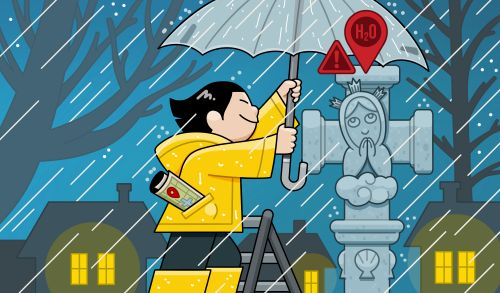Persona tapando de la lluvia a una estatua.