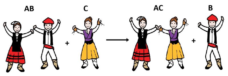 Reacción de sustitución con bailarines donde hay un cambio de bailarín.