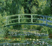 Cadro de Claude Monet “Nenúfares e ponte xaponesa”. Un regato cheo de nenúfares e unha ponte de medio arco que o cruzal