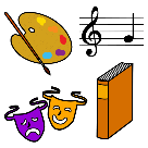 Pictograma que representa música, teatro, literatura e pintura