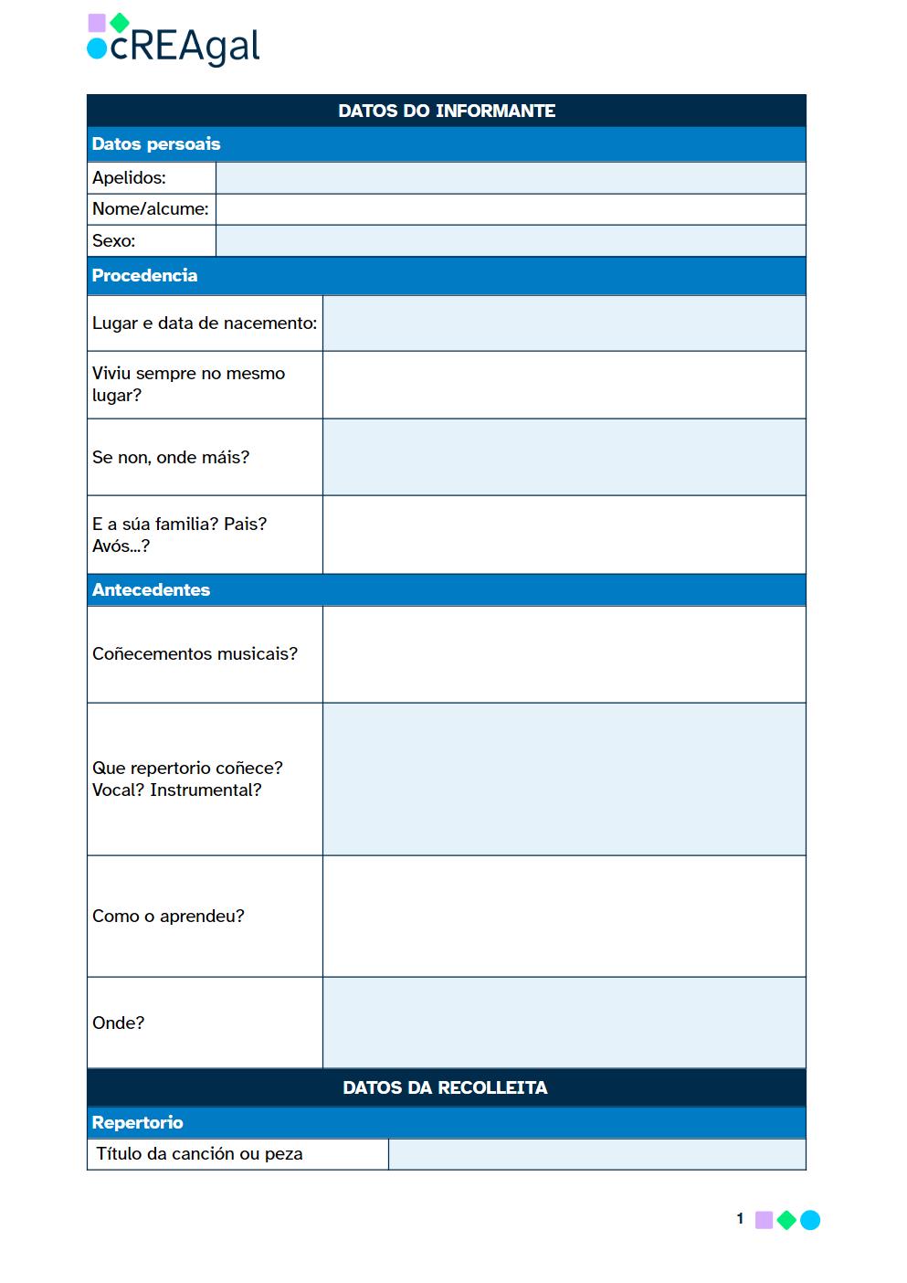 Primeira páxina do documento modelo para a recolleita