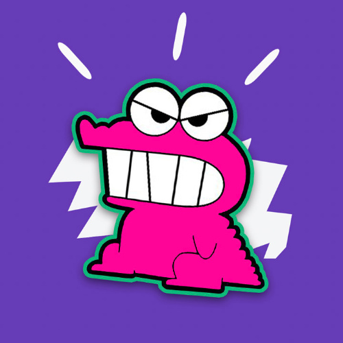 crocodilo rosa sobre fondo violeta. É o logotipo do pódcast do Exército Mekemeke.