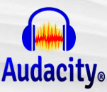 Imaxe que amosa o envorcado de pantalla do logotipo de Audacity, formado por uns auriculares e unha onda sonora.