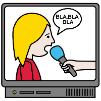 Pictograma que amosa unha muller entrevistada na televisión.