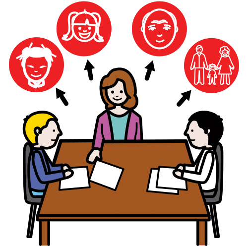 Pictograma que amosa un equipo de tres persoas sentadas nunha mesa e pensando cadaquén nunha idea diferente.