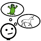 Pictograma dunha persoa pensando nun dragón e un unicornio..