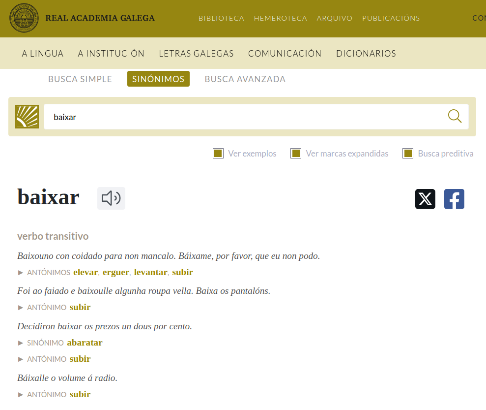 envorcado de pantalla do dicionario da RAG cos sinónimos e antónimos de baixar.