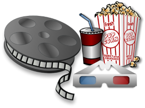 Ilustración con unas gafas 3D, una cinta de metraje de cine y unas palomitas.