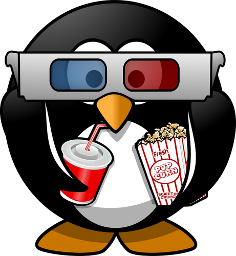 Pinguino con palomitas, refresco y gafas 3D