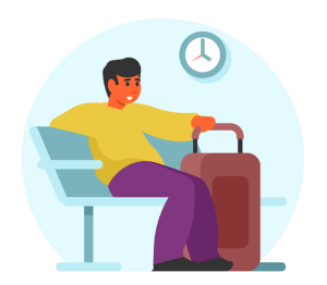 Ilustración de un hombre sentado con una maleta esperando la salida de un vuelo.