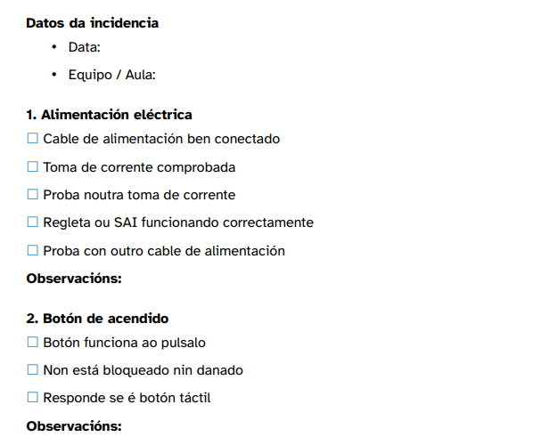 Exemplo de lista de comprobación. Permite comprobar incidencias na alimentación eléctrica e no botón de acendido
