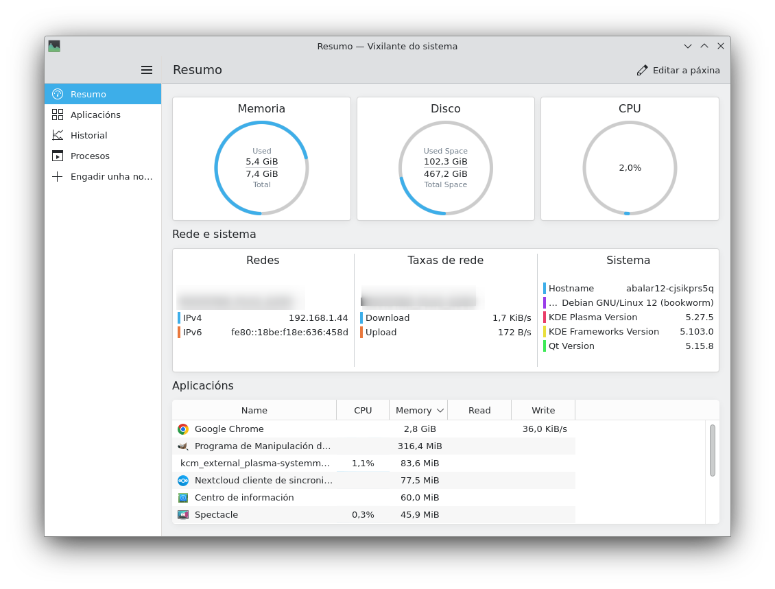 Pantalla resumo dos recursos do sistema Abalar 12
