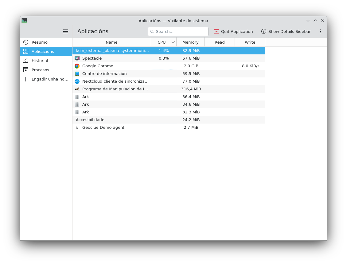 Pantalla de aplicacións activas do sistema Abalar 12