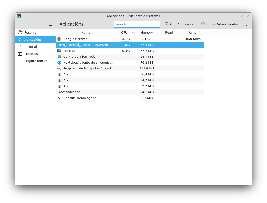 Pantalla de aplicacions co consumo dos recursos de CPU e RAM
