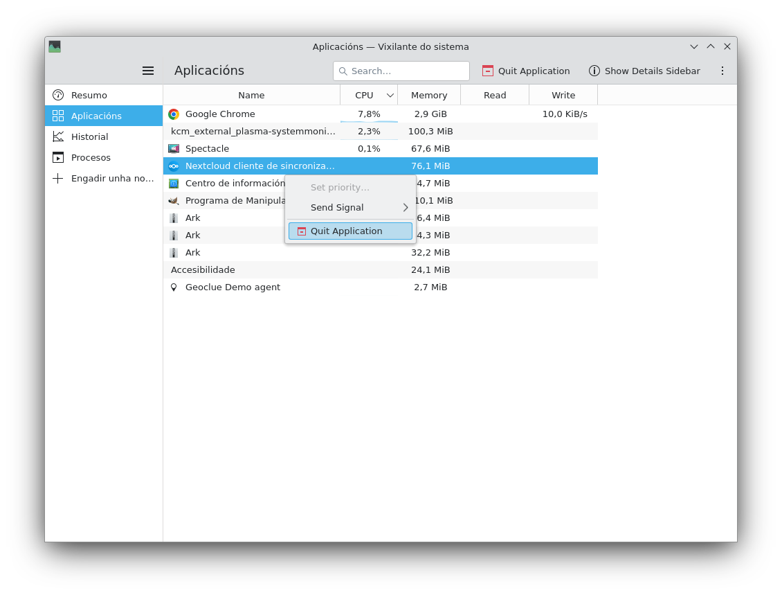 Pantalla que mostra como pechar unha aplicación no vixiante do sistema