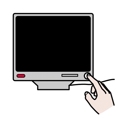 Imaxe con un monitor dun computador bloqueado e unha man que o está a apagar para reiniciar o sistema
