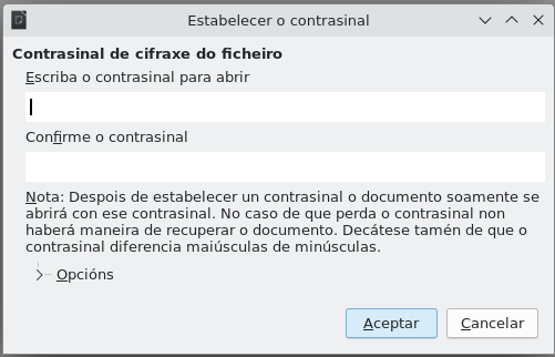 Captura de pantalla de LibreOffice Writer: establecer contrasinal dun documento