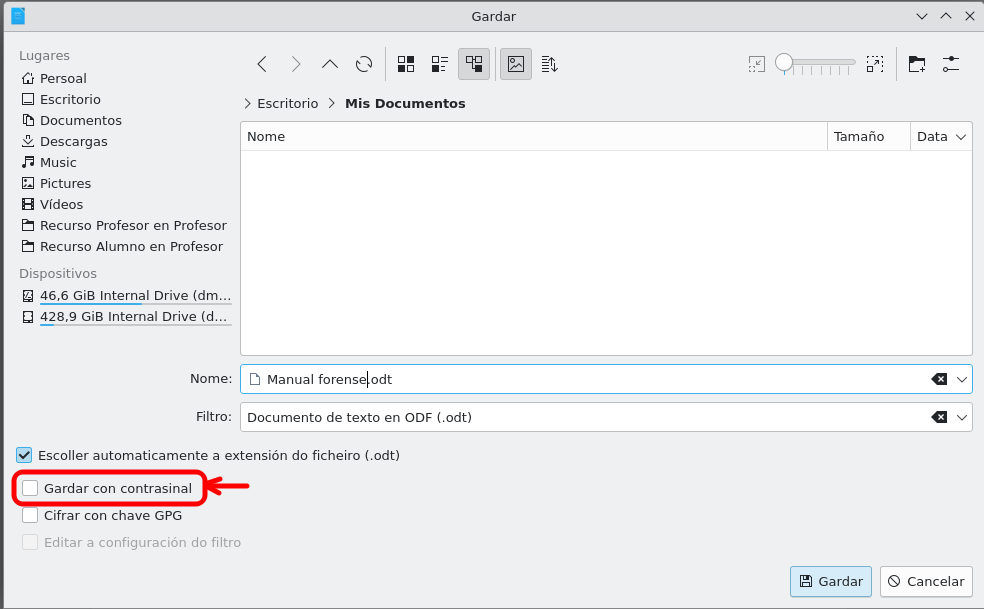 Captura de pantalla de LibreOffice Writer: protexer documento