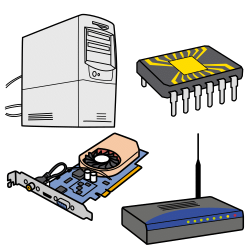 Pictograma de compoñentes de hardware: torre, encamiñador, microchip...
