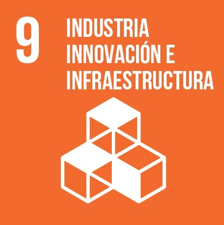 Icona do ODS 9: tres cubos conectados con fondo laranxa