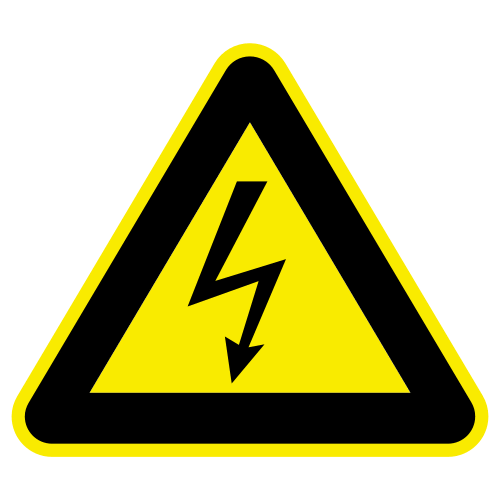 Sinal de perigo eléctrico. Ten forma triangular. No centro ten unha frecha que simboliza un raio.
