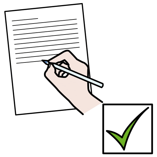 Papel cunha man que escribe o símbolo de correcto