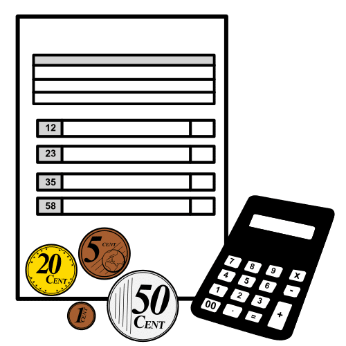 Pictograma que representa unha folla de contas, moedas e calculadora