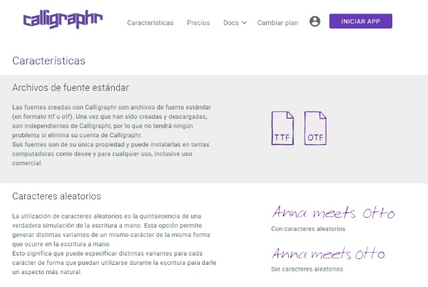 Captura de pantalla da páxina web de Calligraphr.