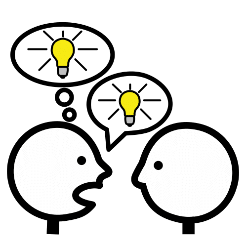 Pictograma de dúas persoas compartindo unha idea (representada por un globo de texto e unha lámpada)