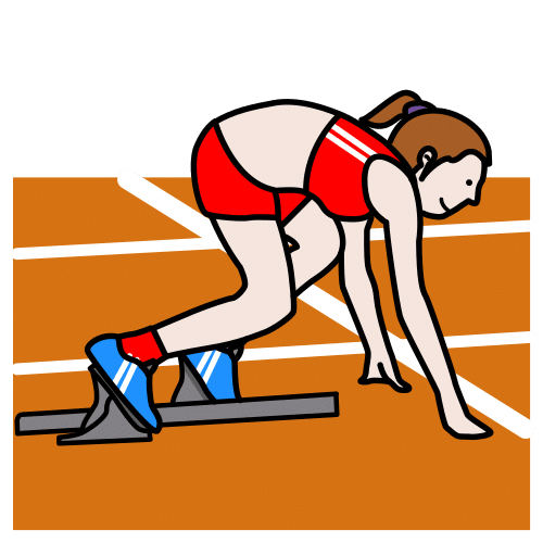Pictograma onde hai unha atleta realizando unha saída con tacos nunha pista de atletismo.