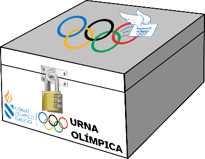 Imaxe dunha urna pechada cun cadeado co logotipo olímpico na tapa.