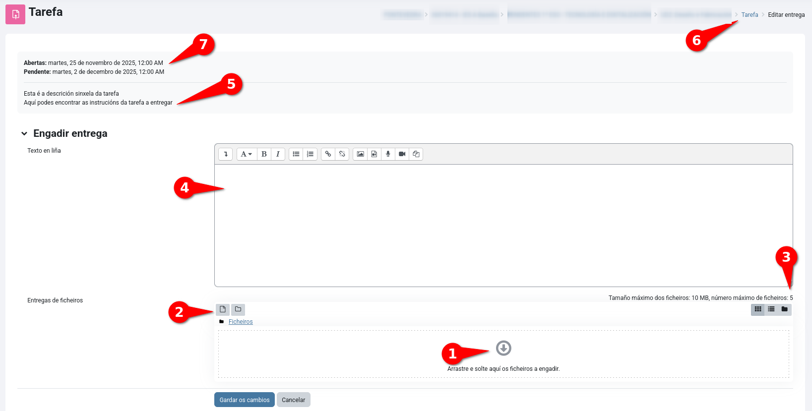 Opcións ao engadir a entrega (cREAgal) Imaxe que mostra toda a información da pantalla ao engadir unha entrega na aula virtual Moodle
