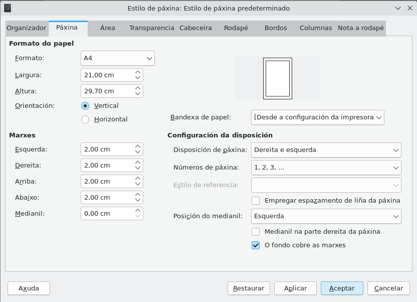 Estilo de páxina Captura das opcións de formatado dunha páxina do LibreOffice Writer