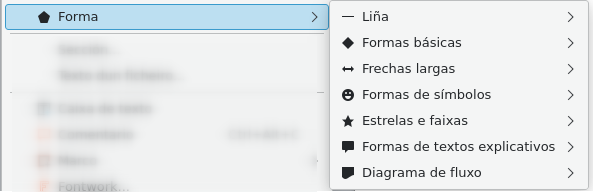 Captura de pantalla das opcións do menú de formas do LibreOffice Writer