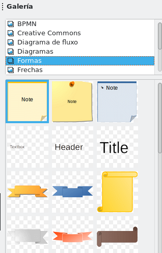 Captura de pantalla do escritorio abalar 12 cunha xanela aberta  cos pasos sinalados para crear facer copia de seguridade dun documento. Captura de pantalla da barra lateral que aparece coa galería de formas para inserir