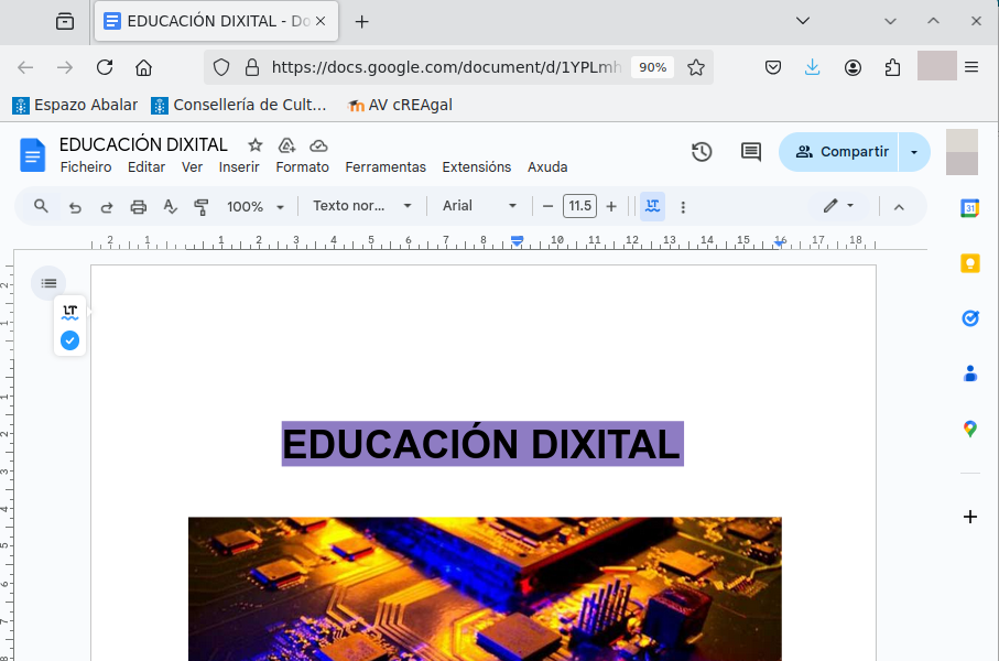 Captura de pantalla da interface do procesador Google Docs cun documento aberto no que se pode ver un traballo de Educación Dixital