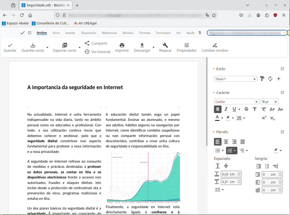 Captura de pantalla da interface do procesador Nextcloud Docs cun documento aberto no que se pode ver un artigo sobre a importancia da seguridade en internet