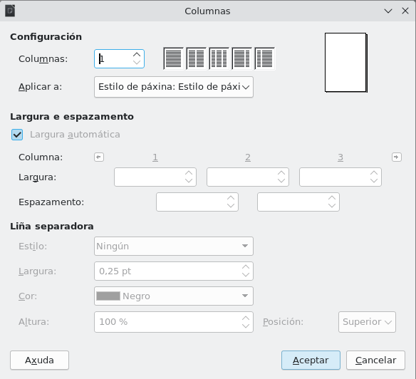 Captura de pantalla das opcións de columnas do LibreOffice Writer Captura de pantalla das opcións de columnas do LibreOffice Writer