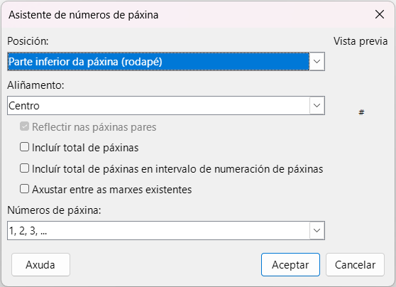 Asistente de números de páxina en Writer (cREAgal) Captura de pantalla do asistente de números de páxina en Writer onde se ofrecen opcións de posición, aliñamento e diferentes tipoloxías para numerar as páxinas