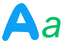 Letras A maiúscula e minúscula sobre a que a aplicaron diferentes atributos, diferentes cores e efectos