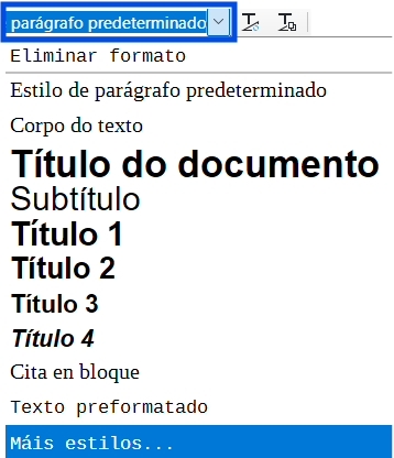Barra de ferramentas > Estilos en Writer onde se visualizan os diferentes estilos: título, subtítulo, título 1, título 2, corpo do texto...