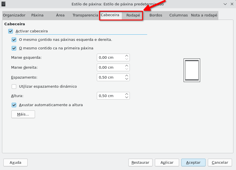 Cabeceira de páxina Captura das opcións da cabeceira de páxina do LibreOffice Writer