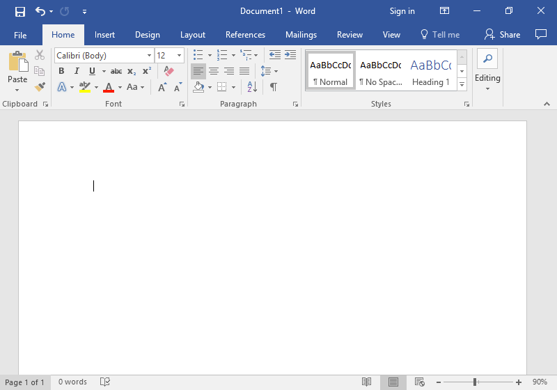 Captura de pantalla da interface do procesador Microsoft Word cun documento en branco.