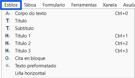 Menú estilo en Writer onde se ven diferentes estilos de título, subtítulo, corpo de texto, cita en bloque...